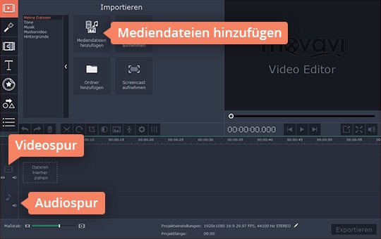 Video aus Ihrem Videoarchiv wählen und Musik hinzufügen Fügen Sie Medien hinzu, um das Video mit Musik in Movavis Software hinterlegen