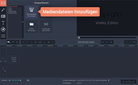 Videodateien auswählen Nehmen Sie Mediendateien hinzu, um mit Movavi Videos zusammenzufügen
