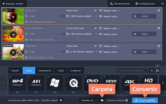 Convertir y guardar el vídeo Convierta los archivos M4V a cualquier formato con Movavi Video Converter
