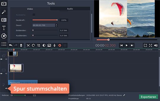 Auf Spur Stummschalten klicken Regulieren Sie die Lautstärke, nachdem Sie den Split-Screen gemacht haben