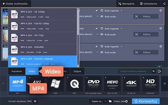 Zmienić format filmu Wybierz nowy format do konwersji wideo w programie Movavi