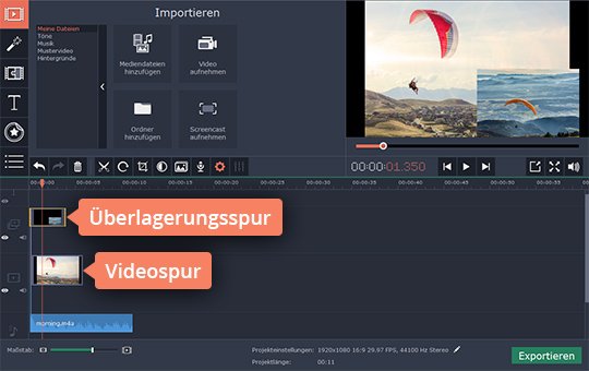 Video in Overlay-Spur platzieren Platzieren Sie Videodateien in Movavis App für Bild-in-Bild-Effekt