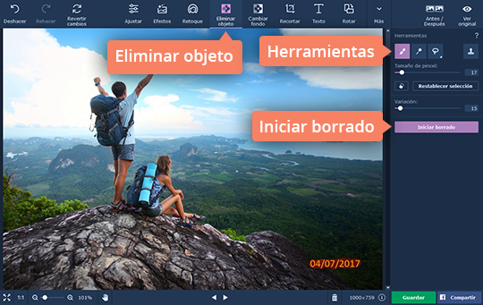 Eliminar la fecha o alguna palabra Quite letras de su foto en el programa de Movavi fácil de usar