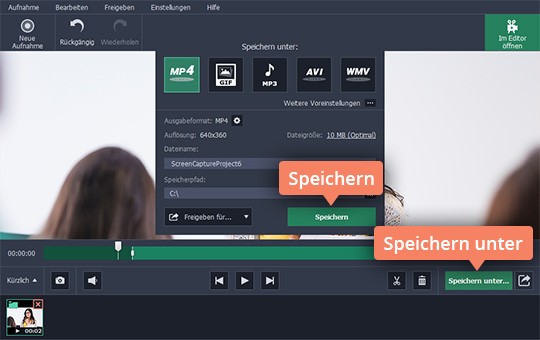 Fertige Webinaraufnahme exportieren Stellen Sie den Bildschirmbereich ein, um das Webinar aufzunehmen