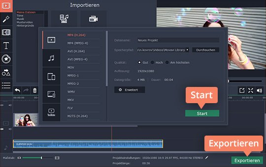 Das Ergebnis im gewünschten Format speichern Holen Sie sich Video mit Musik von Movavi