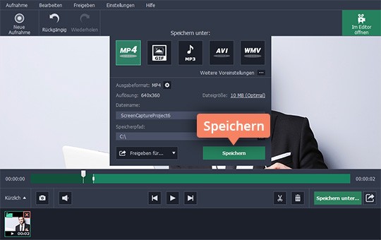 Das Videoformat festlegen Stellen Sie das Format des Videos ein, nach Sie dem Bildschirm abgefilmt haben