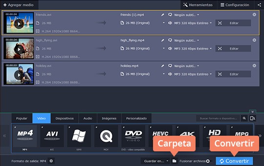 Empezar la conversión del vídeo Convierta a AVI cualquier vídeo con Movavi Video Converter