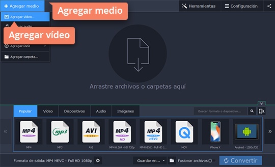 Agregar un archivo TS para convertir Convierta vídeo TS a MP4 o AVI con Movavi Video Converter