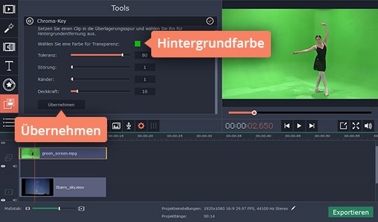 Videoeinstellungen anpassen Passen Sie Video mit der Chroma-Key-Software von Movavi an