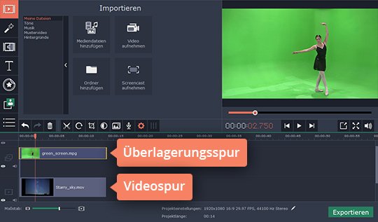 Ein neuer Overlay-Spur erstellen Verwenden Sie Movavis Greenscreen-Programm, um den Hintergrund zu ändern