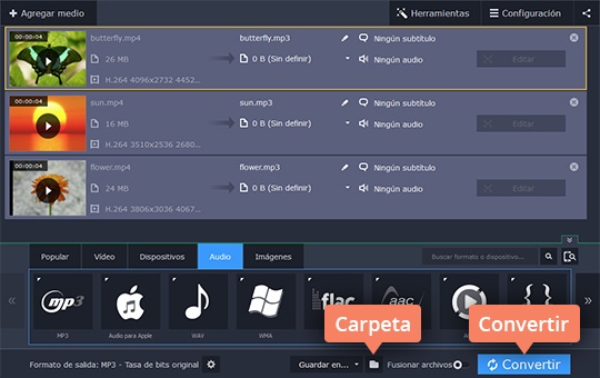 Convertir y guardar el archivo Pase de MP4 a MP3 con el software fácil de Movavi