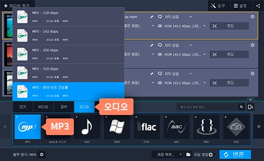 필요한 비디오 형식을 선택합니다 추출할 오디오 형식 선택