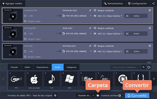 Cambiar FLAC a MP3 Use el programa de Movavi para pasar de FLAC a MP3