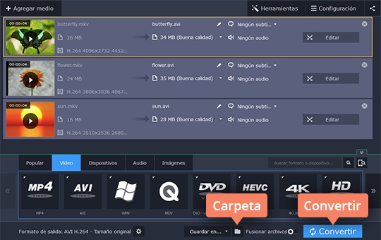 Convertir y guardar el resultado Pase de MKV a AVI con el software fácil de Movavi