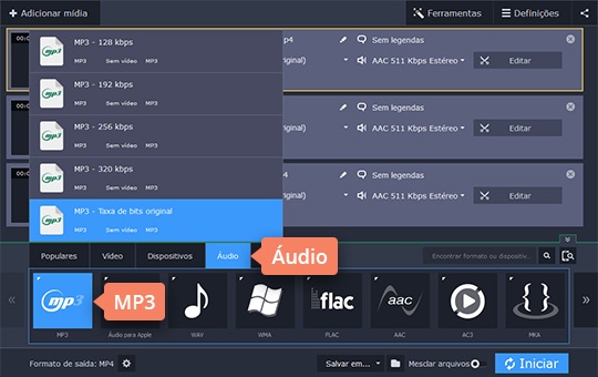 Selecionar a predefinição de destino Use o conversor de M4A para MP3 com o Movavi