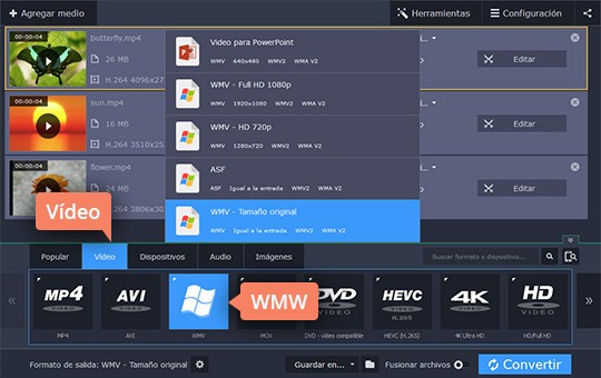Seleccionar el formato para la salida Use el poderoso convertidor de MP4 a WMV de Movavi