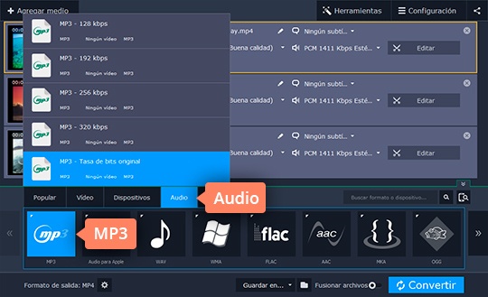 Seleccionar un formato para guardar Separe el audio de un vídeo con el convertidor poderoso de Movavi