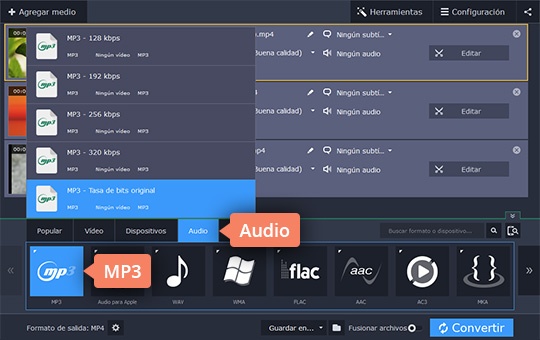 Seleccionar el formato de salida Convierta de MP4 a MP3 fácilmente con Movavi Video Converter