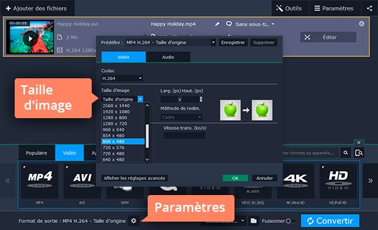 Сonfigurer la largeur et la hauteur de la vidéo Convertissez une vidéo 4/3 en 16/9