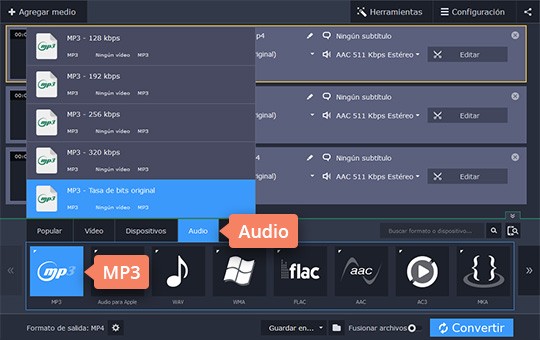 Seleccionar el formato que necesito Convierta archivos FLAC a MP3 de forma fácil y rápida con Movavi