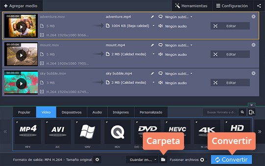 Especificar una carpeta para guardar Reduzca el peso de vídeo rápidamente con el software de Movavi