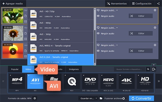 Elegir el formato final Use el convertidor de MKV a AVI sencillo de Movavi