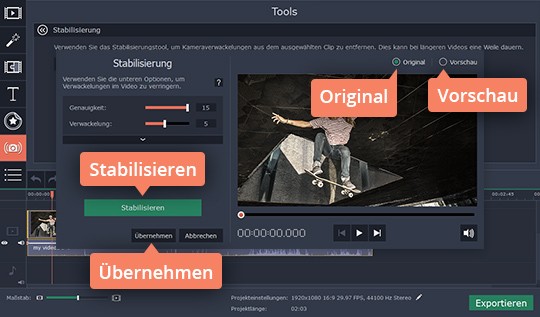 Die Einstellungen der Stabilisierung einstimmen Stellen Sie die Einstellungen in Movavi Programm ein, um das Video zu entwackeln