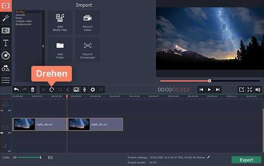 Auf Drehen-Symbol klicken Verwenden Sie das Video-Drehen-Programm von Movavi