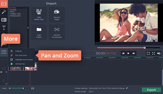 Select the Pan and Zoom option Select the Pan and Zoom option to zoom the video