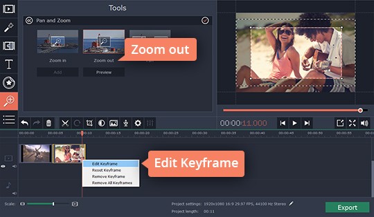 Right-click the particular keyframe to edit it Right-click the keyframe to edit the zoom-in video effect