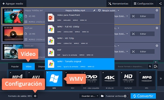 Elegir el formato necesario Use el poderoso convertidor de vídeos a WMV de Movavi