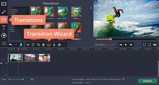 Insert transitions between the video clips Insert transitions between merged AVI files