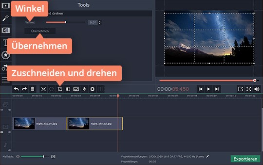 Die Neigungsecke regulieren Probieren Sie, mit Movavi das Video um 90 Grad drehen