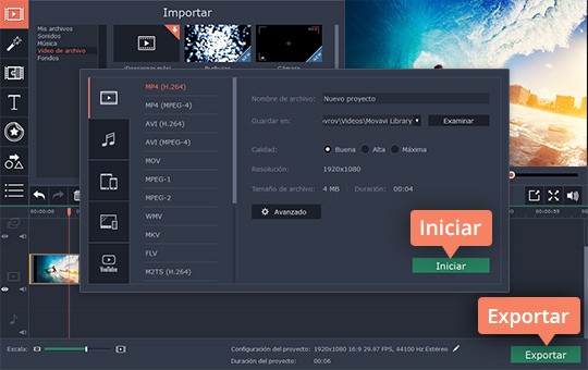 Guardar el vídeo montado Use el programa para montar vídeos de Movavi