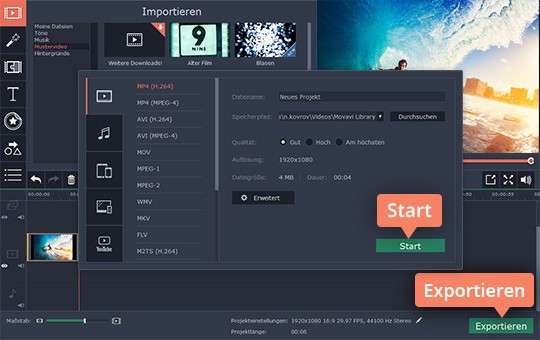 Video exportieren Starten Sie den Export des Videos mit Movavis Video-Montage-Programm