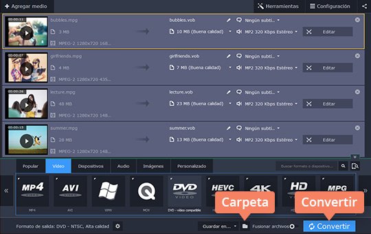 Convertir el archivo elegido Use el programa para grabar vídeos en DVD Movavi Video Converter