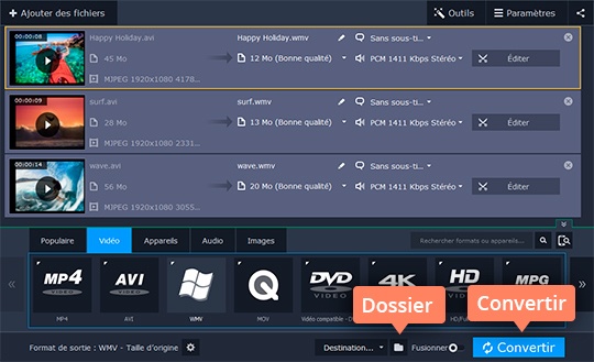 Démarrer le processus de changement de format Convertissez vos fichiers en WMV et d'autres formats avec Movavi