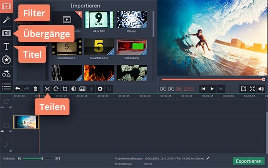 Video verarbeiten Fügen Sie Effekte im Video für Filmmontage hinzu
