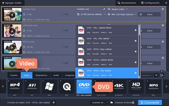 Definir el formato deseado Use el sencillo convertidor de vídeos a DVD de Movavi