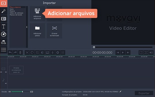 Importar arquivos para girar Use o programa para rodar vídeos com o Movavi