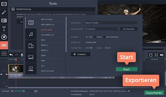 Ergebnis speichern Speichern Sie das Resultat, nachdem Sie verwackelte Videos stabilisiert haben