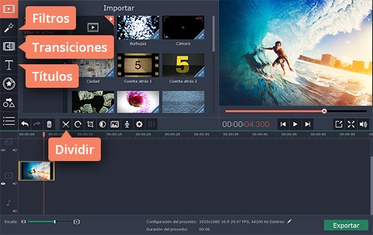 Usar las opciones de montaje de vídeo Aprenda a montar sus vídeos con fotos con Movavi Video Editor