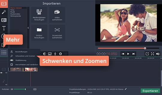 Zoom-Effekt verwenden Benützen Sie Movavis App, um Video zu zoomen
