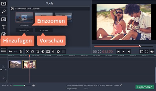 Auf Einzoomen klicken Klicken Sie auf Einzoomen im Programm für Zoom Effekt