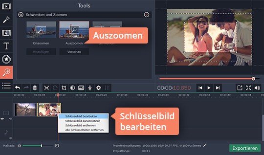 Den Zoom-Effekt anpassen Ändern Sie Zoom-Einstellungen, um Ihr Video zu vergrößern
