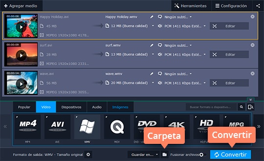 Guardar el resultado final Convierta sus vídeos a WMV con Movavi Video Converter