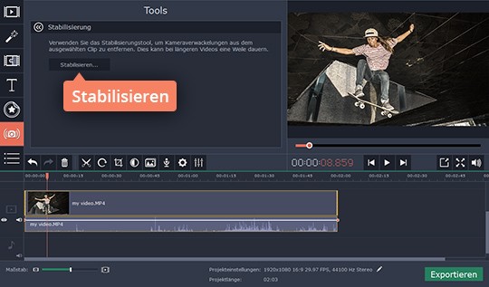 Die Funktion der Stabilisierung auswählen Machen Sie die Videostabilisierung in Movavi Video Editor