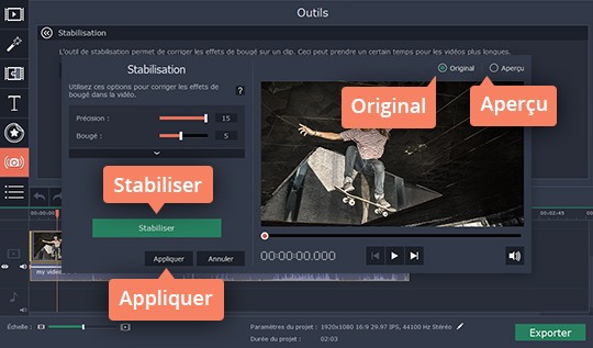 Cliquez sur Stabiliser pour lancer la stabilisation d'une vidéo