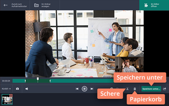 Unerwünschte Videosegmente in den "Papierkorb" legen Probieren Sie, mit Movavi Screen Recorder Skype aufzuzeichnen