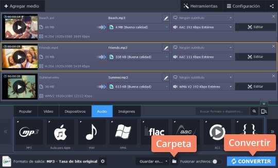 Convertir a MP3 y guardar los archivos Use Movavi Video Converter para extraer MP3 de MP4